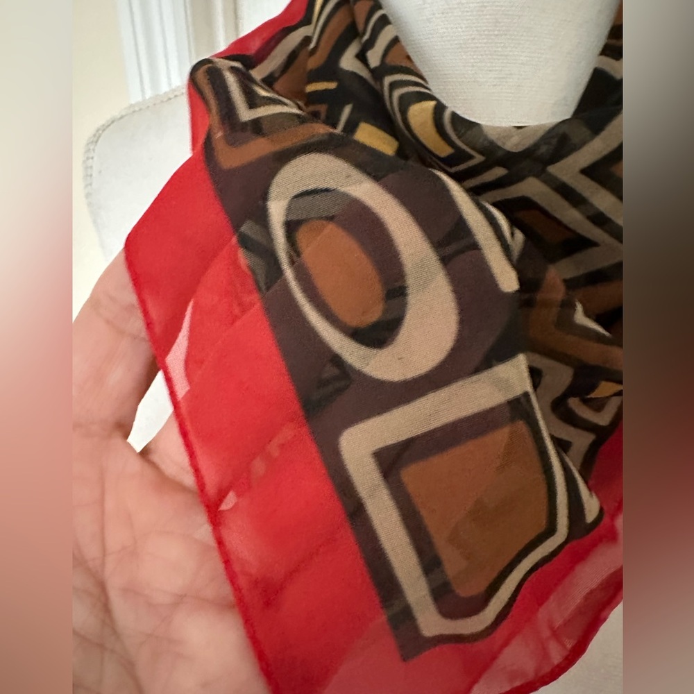 Vtg Italian Square Scarf with Multi-colored Geometric and Red Edging - Picture 6 of 14